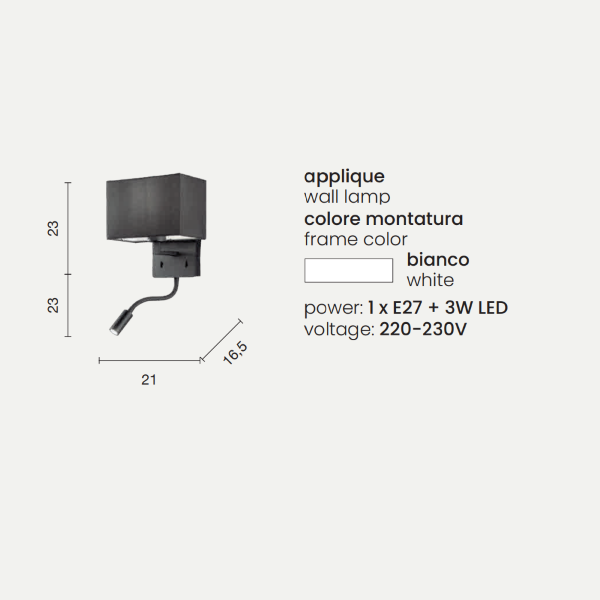 Aplique de metal blanco con pantalla y foco LED SHADOW orientable 21 cm