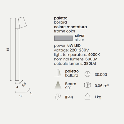 OWEN outdoor LED bollard in Silver aluminum and glass diffuser H61 cm