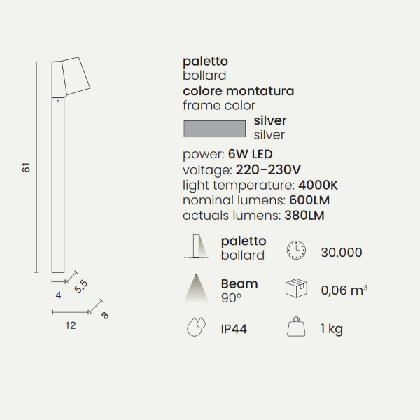 OWEN outdoor LED bollard in Silver aluminum and glass diffuser H61 cm