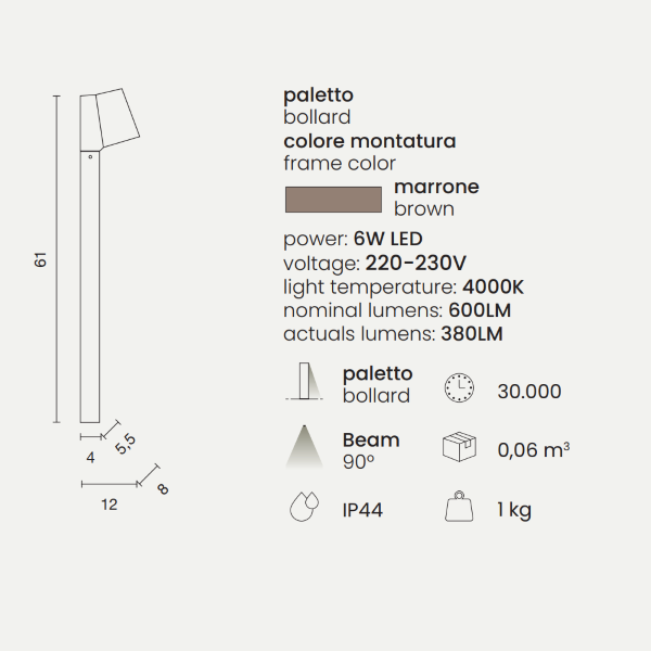 OWEN outdoor LED bollard in Brown aluminum and glass diffuser H61 cm