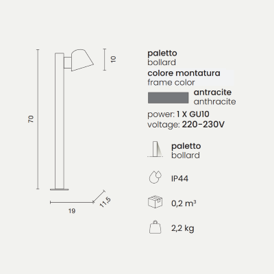 Paletto per esterni MALTA in alluminio Antracite e diffusore in vetro H70 cm