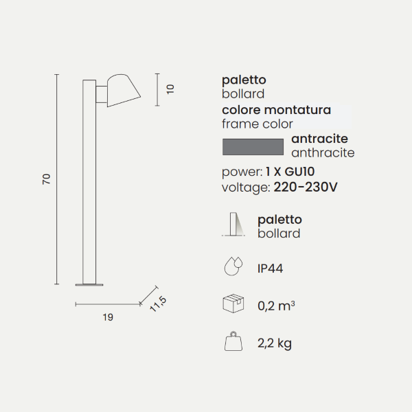 Paletto per esterni MALTA in alluminio Antracite e diffusore in vetro H70 cm