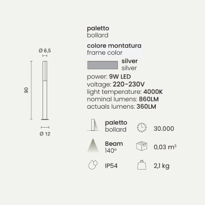 Aluminum LED Outdoor Bollard Silver TOMMY H90 cm