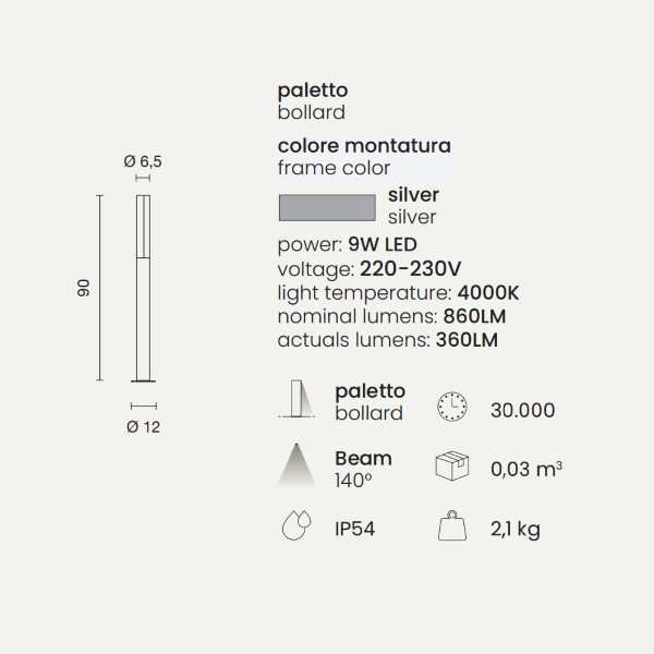Aluminum LED Outdoor Bollard Silver TOMMY H90 cm