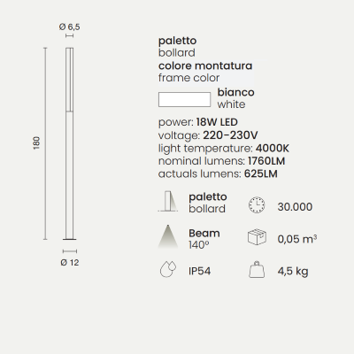 TOMMY White Aluminum LED Outdoor Bollard H180 cm