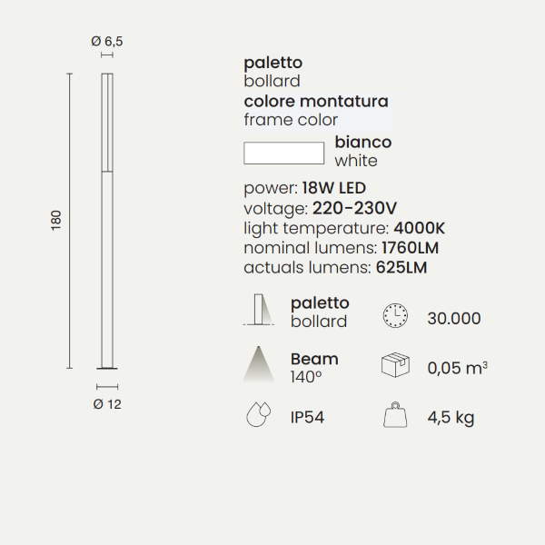 TOMMY White Aluminum LED Outdoor Bollard H180 cm