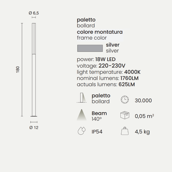 Silberne TOMMY LED-Außenpollerleuchte aus Aluminium H180 cm