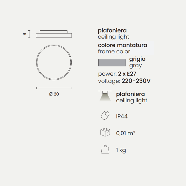 PETAR Außendeckenleuchte Grau in Abs D30 cm