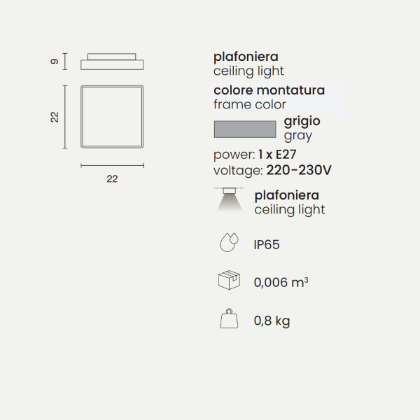 Außendeckenleuchte 22x22 cm in PICCA Grey Abs
