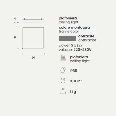 Außendeckenleuchte 30x30 cm aus anthrazitfarbenem ABS PICCA