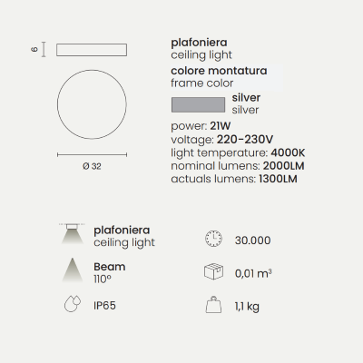 NILO outdoor LED ceiling light in Abs Silver D32 cm