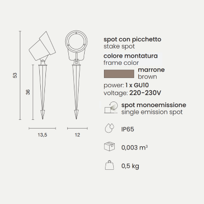 GURU Spotlampe mit Erdspieß für den Außenbereich aus braunem Aluminium 12x53 cm
