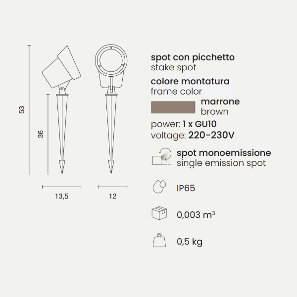 GURU Spotlampe mit Erdspieß für den Außenbereich aus braunem Aluminium 12x53 cm