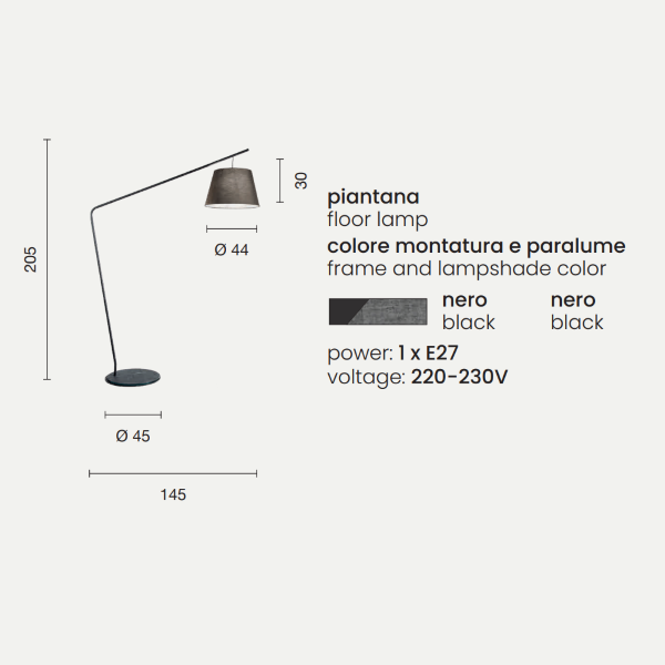 Stehlampe mit schwarzer Metallstruktur und VELVET-PVC-Lampenschirm H205 cm