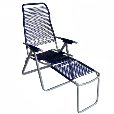 Folding iron deckchair with blue cordoned footrest