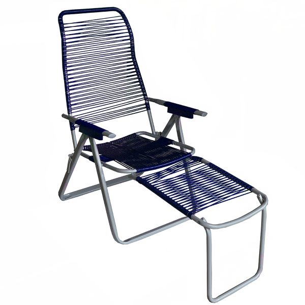 Folding iron deckchair with blue cordoned footrest