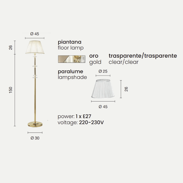 DIDO Stehleuchte aus handgefertigtem transparentem Glas GOLD H176 cm