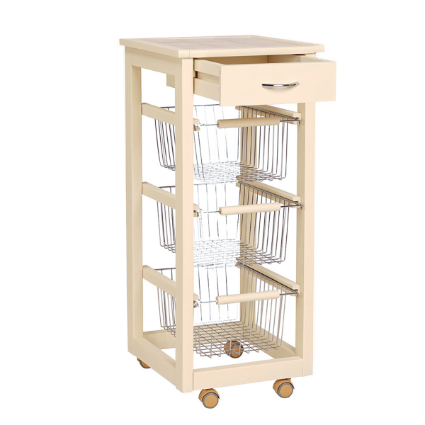 Carrello cucina SLIM in legno di faggio 3 cesti e 1 cassetto Avorio