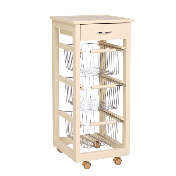 Carrello cucina SLIM in legno di faggio 3 cesti e 1 cassetto Avorio