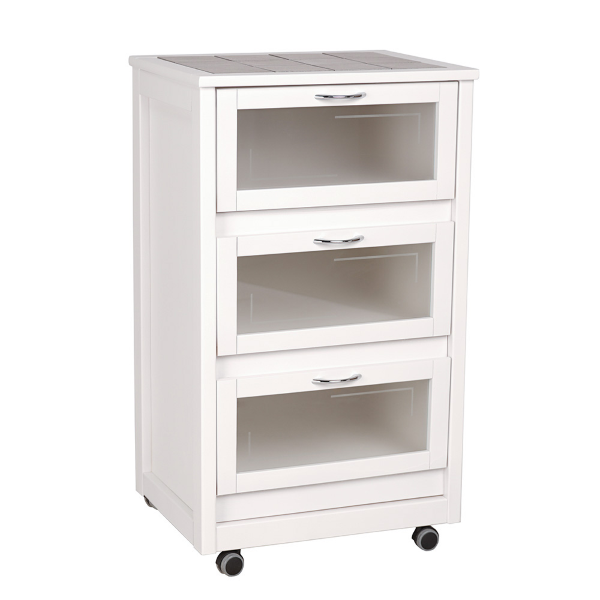 White Cabinet Trolley with Glass Drop-Down Doors LANDHELL