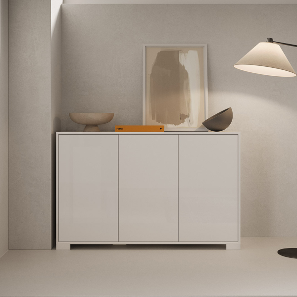 Buffet en bois avec 3 portes et 2 compartiments avec étagères 130 cm KYLA Blanc Brillant