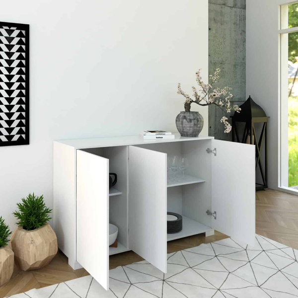 Buffet en bois avec 3 portes et 2 compartiments avec étagères 130 cm KYLA Blanc Brillant