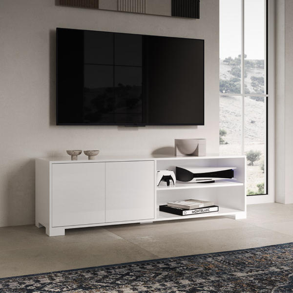 Meuble TV en bois avec 2 portes et compartiment ouvert 150x40 cm KYLA Blanc Brillant