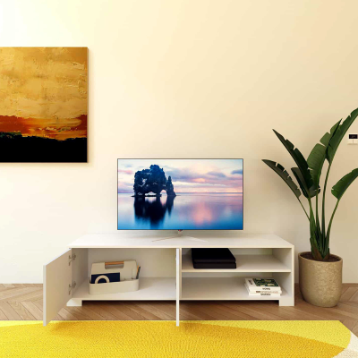 Meuble TV en bois avec 2 portes et compartiment ouvert 150x40 cm KYLA Blanc Brillant