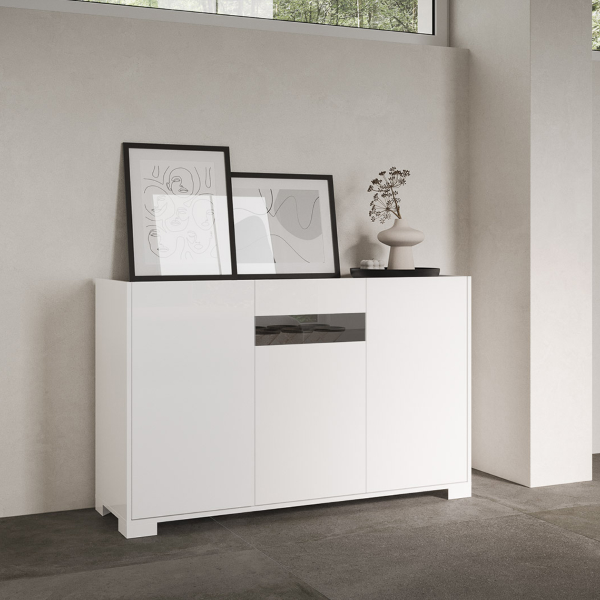 ROJAS Hochglanzweißes Holz-Sideboard mit 3 Türen mit Rauchglaseinsatz 130 cm