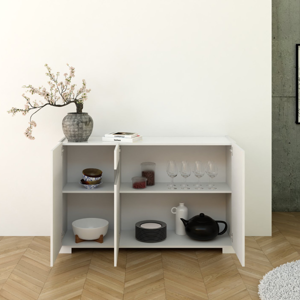 ROJAS Hochglanzweißes Holz-Sideboard mit 3 Türen mit Rauchglaseinsatz 130 cm