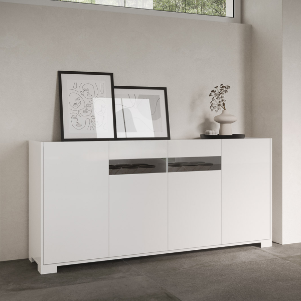 ROJAS Hochglanzweißes Holz-Sideboard mit 4 Türen mit Rauchglaseinsatz 172 cm