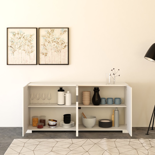 ROJAS Hochglanzweißes Holz-Sideboard mit 4 Türen mit Rauchglaseinsatz 172 cm