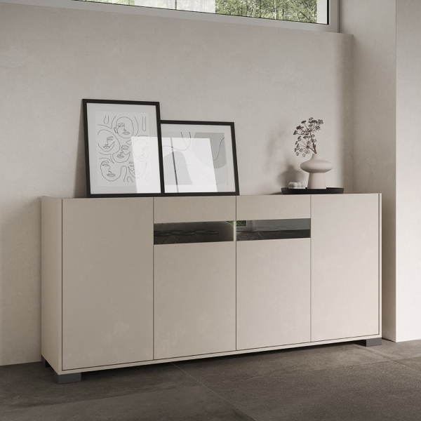 ROJAS Graues Holz-Sideboard mit 4 Türen mit Rauchglaseinsatz 172 cm