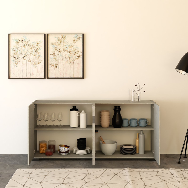 ROJAS Graues Holz-Sideboard mit 4 Türen mit Rauchglaseinsatz 172 cm