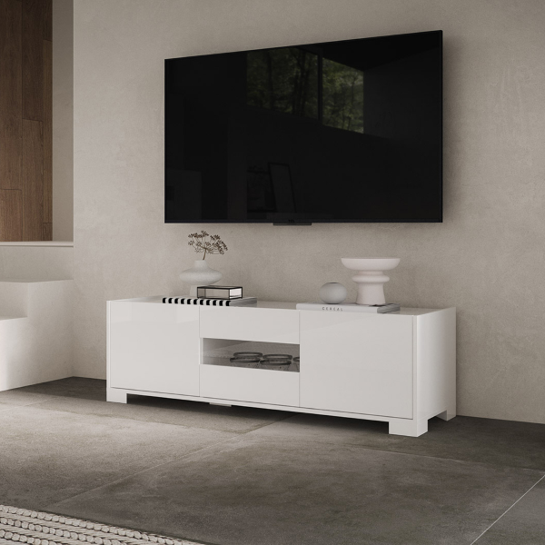 ROJAS 3-door TV stand Glossy White with Smoked glass insert 130x40 cm