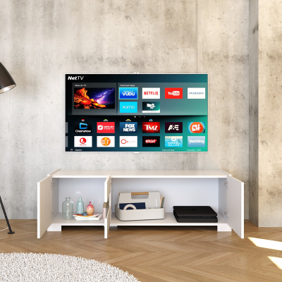 ROJAS 3-door TV stand Glossy White with Smoked glass insert 130x40 cm