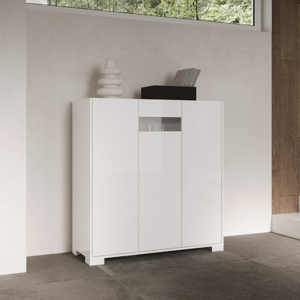 ROJAS 3-türiges Sideboard in glänzendem Weiß mit Rauchglaseinsatz 103x110 cm