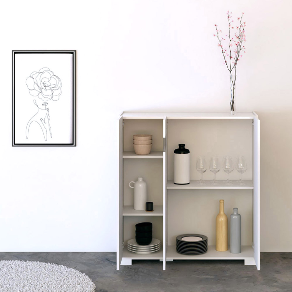 ROJAS 3-türiges Sideboard in glänzendem Weiß mit Rauchglaseinsatz 103x110 cm