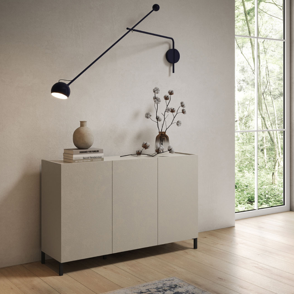 130 cm langes Sideboard aus Holz mit 3 Türen und 2 Fächern mit Regalen in HARAS Grey