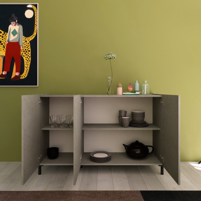 130 cm langes Sideboard aus Holz mit 3 Türen und 2 Fächern mit Regalen in HARAS Grey