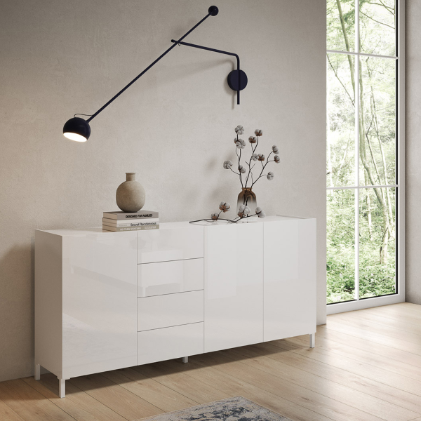 HARAS 174 cm wooden sideboard with 3 doors and 4 drawers Glossy White