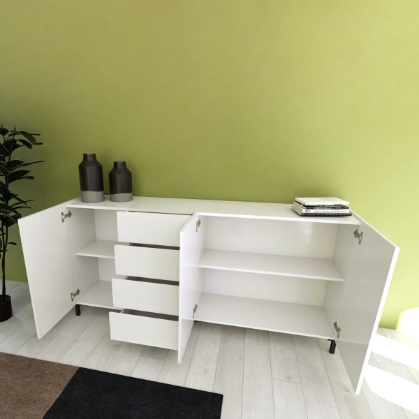 HARAS 174 cm wooden sideboard with 3 doors and 4 drawers Glossy White