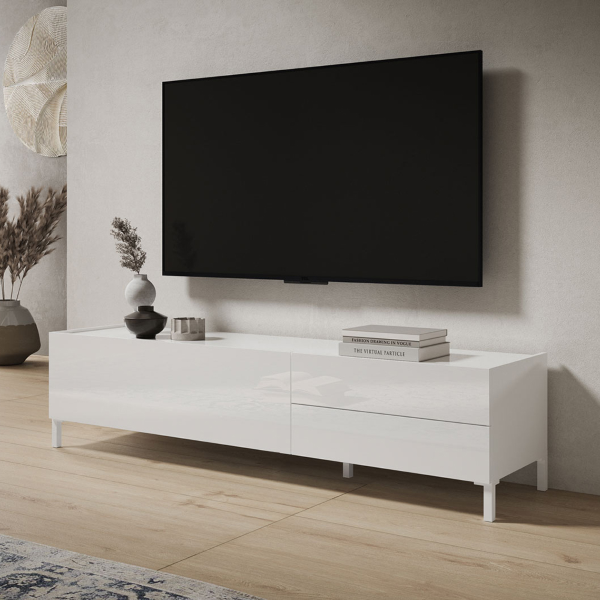 TV-Ständer aus Holz, 160 x 40 cm, mit Klapptür und 2 Schubladen, glänzend weiß HARAS