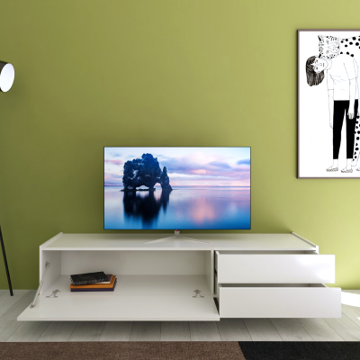 TV-Ständer aus Holz, 160 x 40 cm, mit Klapptür und 2 Schubladen, glänzend weiß HARAS