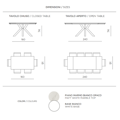 Ausziehbarer Tisch auf 240 cm aus Stein mit Marmoreffekt Bianco SKY