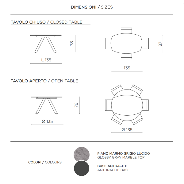 Table RONDE en pierre effet marbre gris avec plateau pivotant D135 cm