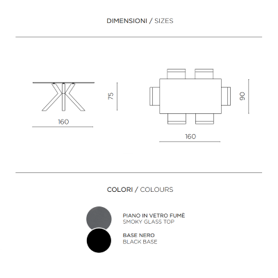 DANTE Esstisch mit Rauchglasplatte und Metallgestell 160x90 cm