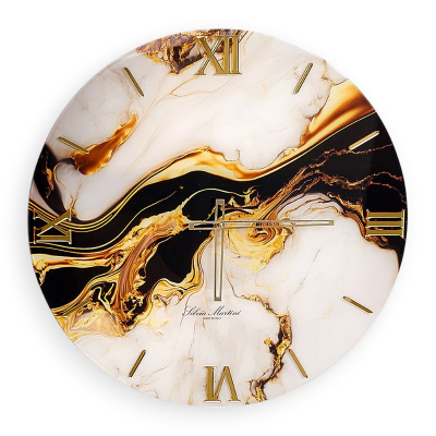 D60cm Tempered Glass Wall Clock with Gold Marble Effect Print - BRYT