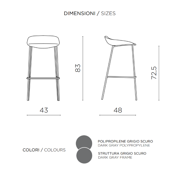 Tabouret en polypropylène Gris Foncé avec structure en métal - AGE 2 pièces