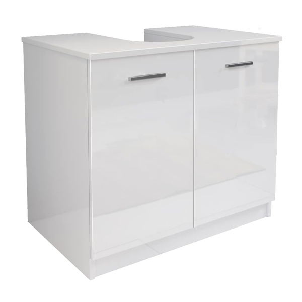 Bathroom cabinet with column cover and 2 doors in glossy white wood